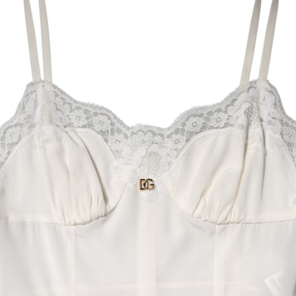 Dolce & Gabbana White Lace DG Logo Silk Dress Sleepwear