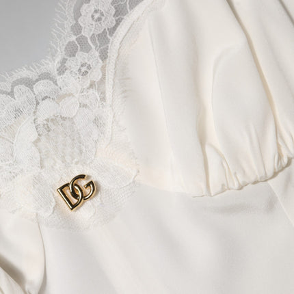 Dolce & Gabbana White Lace DG Logo Silk Dress Sleepwear