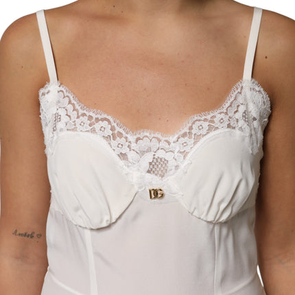 Dolce & Gabbana White Lace Gold DG Logo Silk Dress Sleepwear