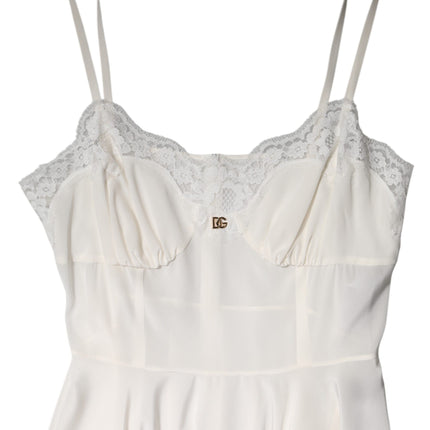 Dolce & Gabbana White Lace Gold DG Logo Silk Dress Sleepwear