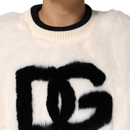 Dolce & Gabbana White Cropped Faux Fur DG Sweatshirt Sweater