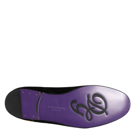 Dolce & Gabbana Black DG Crown Embroidery Loafers Slip On Shoes