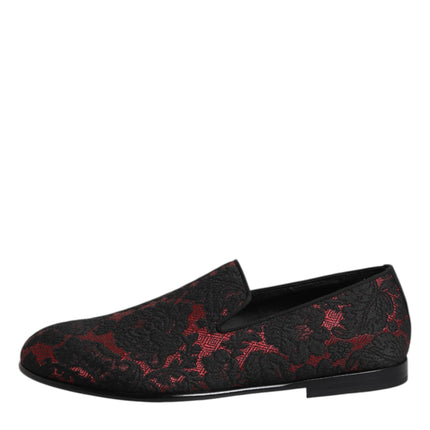 Dolce & Gabbana Red Black Jacquard Slip On Men Loafers Shoes