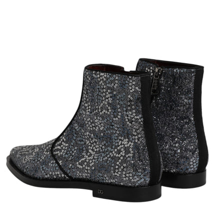 Dolce & Gabbana Dark Gray Cotton Sequined Chelsea Boots Shoes