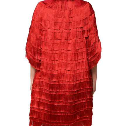 Dolce & Gabbana Red Silk Tiers Fringe Shift Knee Length Dress