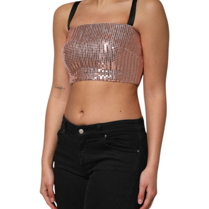 Dolce & Gabbana Pink Sequined Nylon Sleeveless Cropped Top