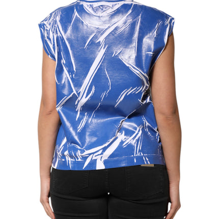 Dolce & Gabbana Blue White Cotton Logo Plaque Women Tank Top