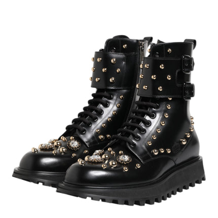 Dolce & Gabbana Black Studded Lace Up Mid Calf Boots Shoes