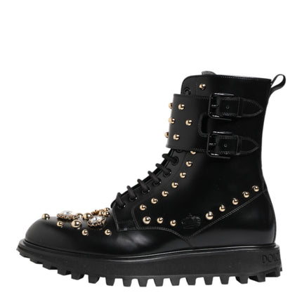 Dolce & Gabbana Black Studded Lace Up Mid Calf Boots Shoes