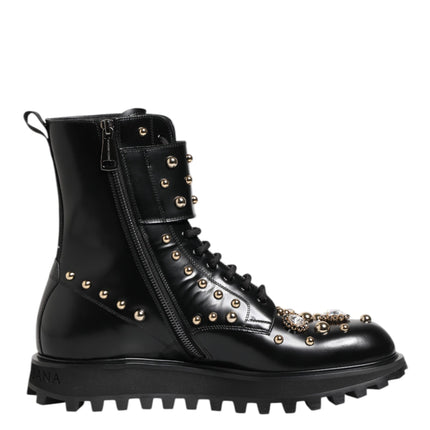 Dolce & Gabbana Black Studded Lace Up Mid Calf Boots Shoes