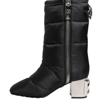 Dolce & Gabbana Black Padded Mid Calf Logo Heel Boots Shoes
