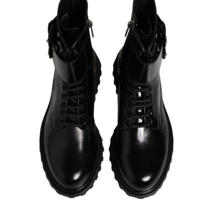 Dolce & Gabbana Black Leather Lace Up Mid Calf Boots Shoes