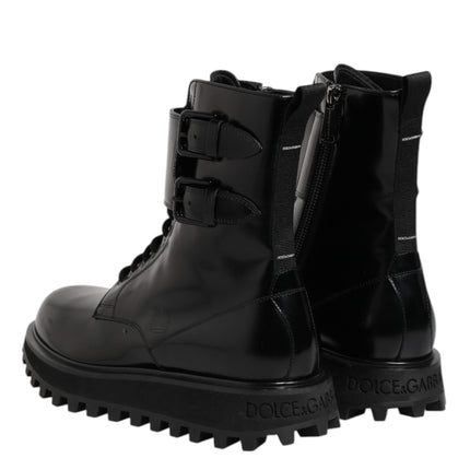 Dolce & Gabbana Black Leather Lace Up Mid Calf Boots Shoes