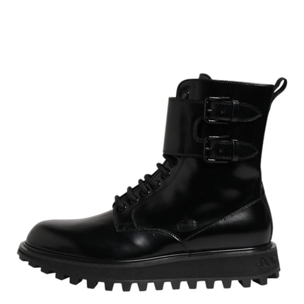 Dolce & Gabbana Black Leather Lace Up Mid Calf Boots Shoes