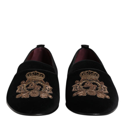 Dolce & Gabbana Black Velvet Gold Crown Mens Loafers Shoes