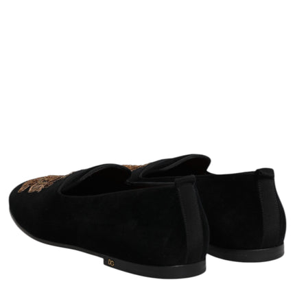 Dolce & Gabbana Black Velvet Gold Crown Mens Loafers Shoes