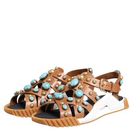Dolce & Gabbana Brown Leather Studded Slides Sandals Shoes