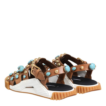 Dolce & Gabbana Brown Leather Studded Slides Sandals Shoes