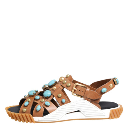 Dolce & Gabbana Brown Leather Studded Slides Sandals Shoes