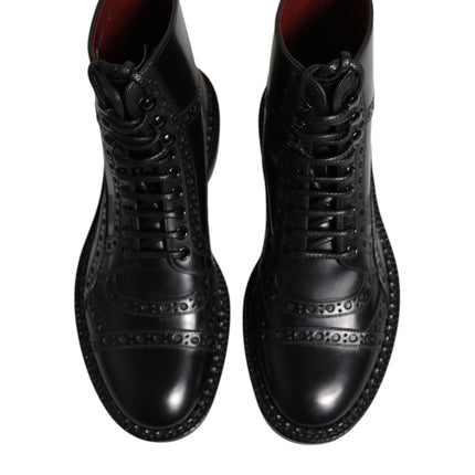 Dolce & Gabbana Black Leather Lace Up Mid Calf Boots Shoes