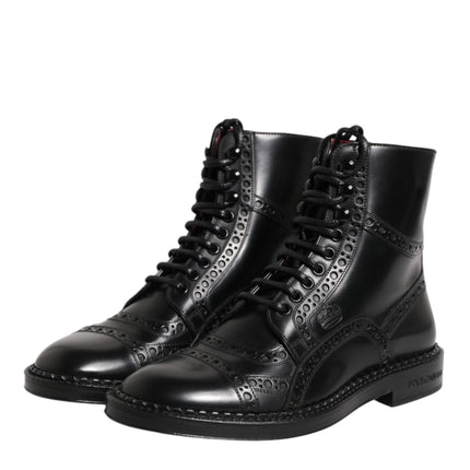 Dolce & Gabbana Black Leather Lace Up Mid Calf Boots Shoes