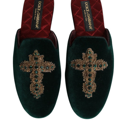 Dolce & Gabbana Green Velvet Cross Embellished Slippers Shoes