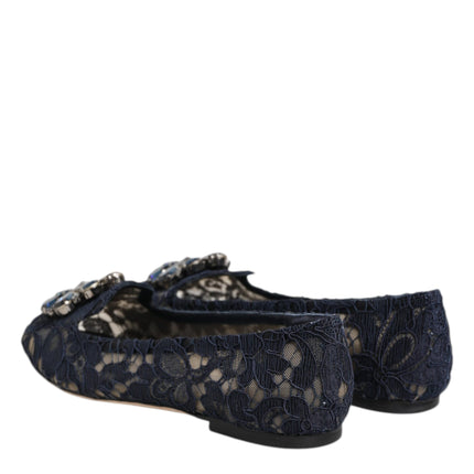 Dolce & Gabbana Blue Taormina Lace Crystals Flats Shoes