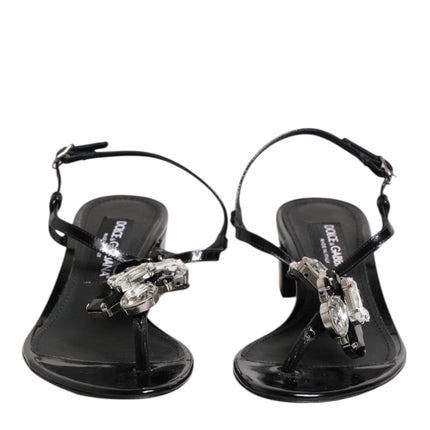 Dolce & Gabbana Black Leather Crystal Ankle Strap Sandals Shoes