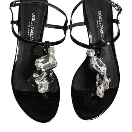 Dolce & Gabbana Black Leather Crystal Ankle Strap Sandals Shoes