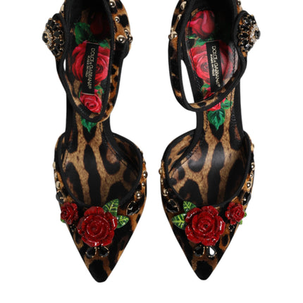 Dolce & Gabbana Brown Leopard Crystal Roses Pumps Shoes