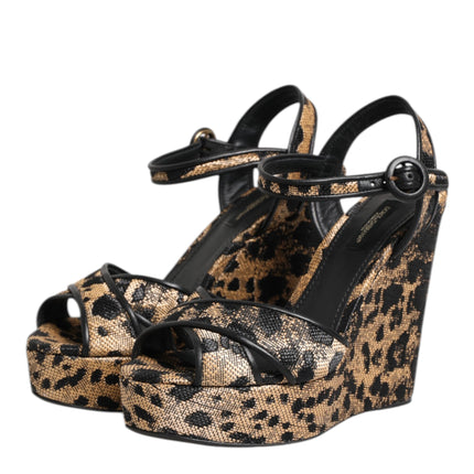 Dolce & Gabbana Brown Leopard Wedges Ankle Strap Sandals Shoes