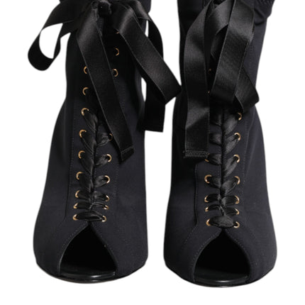 Dolce & Gabbana Black Stiletto Heels Lace Up Boots Shoes