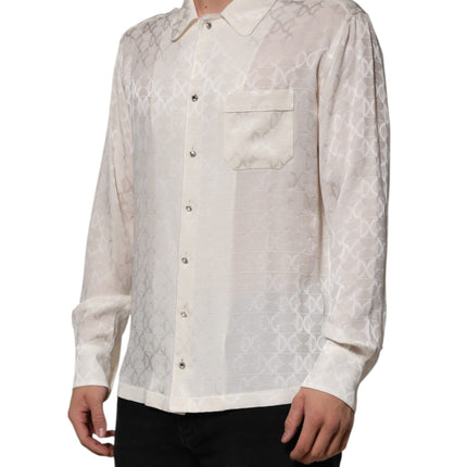 Dolce & Gabbana White Silk DG Logo Print Long Sleeves Shirt