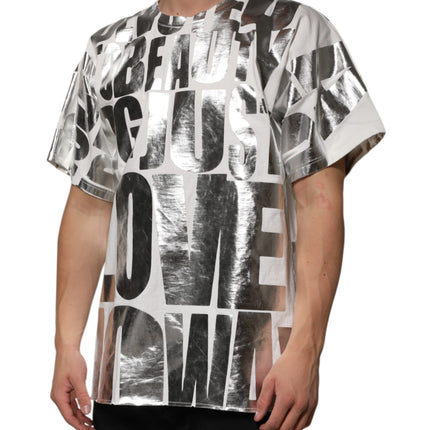 Dolce & Gabbana White Cotton Silver Metallic Slogan Print T-shirt