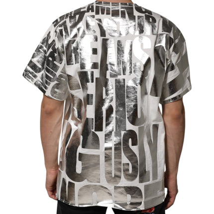 Dolce & Gabbana White Cotton Silver Metallic Slogan Print T-shirt