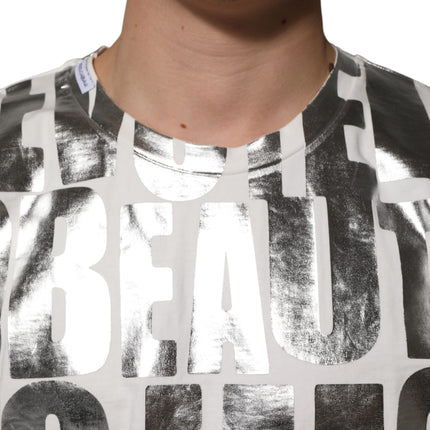 Dolce & Gabbana White Cotton Silver Metallic Slogan Print T-shirt