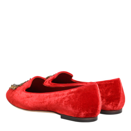 Dolce & Gabbana Red Velvet DG Heart Loafers Flat Shoes