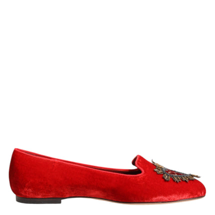 Dolce & Gabbana Red Velvet DG Heart Loafers Flat Shoes