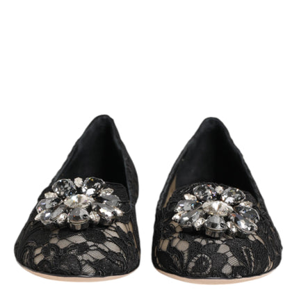 Dolce & Gabbana Black Taormina Lace Crystals Flats Shoes