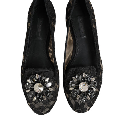 Dolce & Gabbana Black Taormina Lace Crystals Flats Shoes
