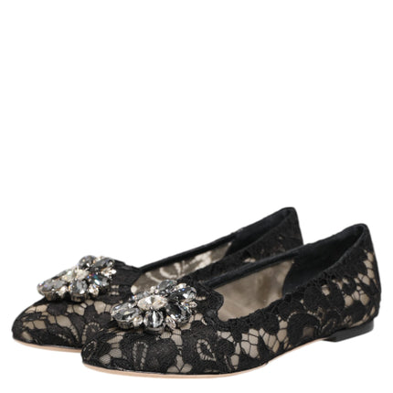 Dolce & Gabbana Black Taormina Lace Crystals Flats Shoes
