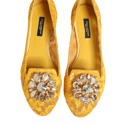 Dolce & Gabbana Yellow Taormina Lace Crystals Flats Shoes