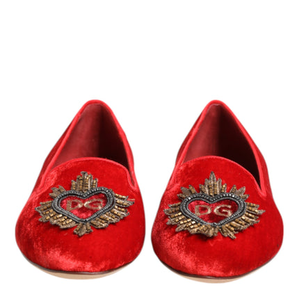 Dolce & Gabbana Red Velvet DG Heart Loafers Flats Shoes