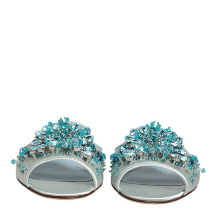 Dolce & Gabbana Silver Blue Leather Bead Embellish Slide Shoes