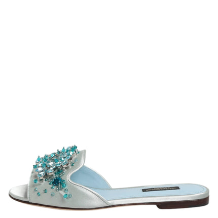 Dolce & Gabbana Silver Blue Leather Bead Embellish Slide Shoes