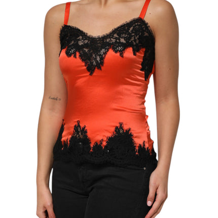 Dolce & Gabbana Red Black Lace Trim Silk Sleeveless Tank Top