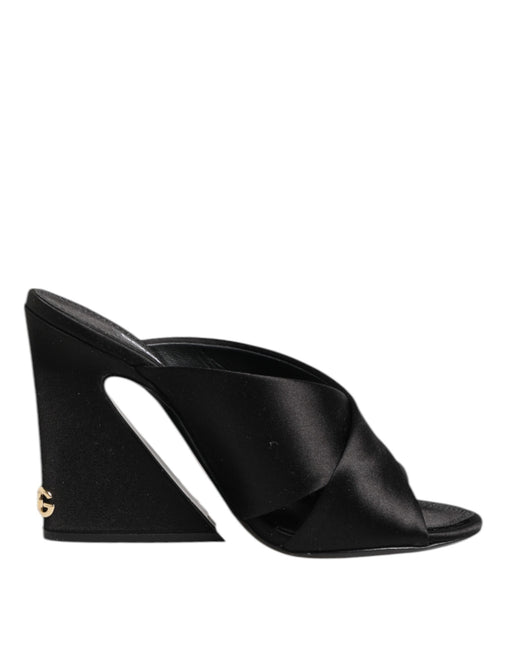 Dolce & Gabbana Black Logo KEIRA Satin Slides Sandals Shoes