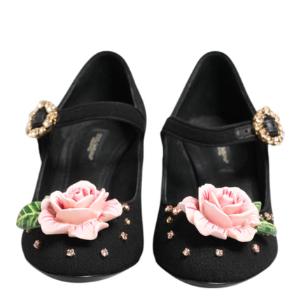 Dolce & Gabbana Black Flower Crystal Embellished Mary Jane Shoes