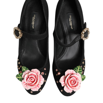 Dolce & Gabbana Black Flower Crystal Embellished Mary Jane Shoes