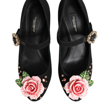 Dolce & Gabbana Black Flower Crystal Embellished Mary Jane Shoes